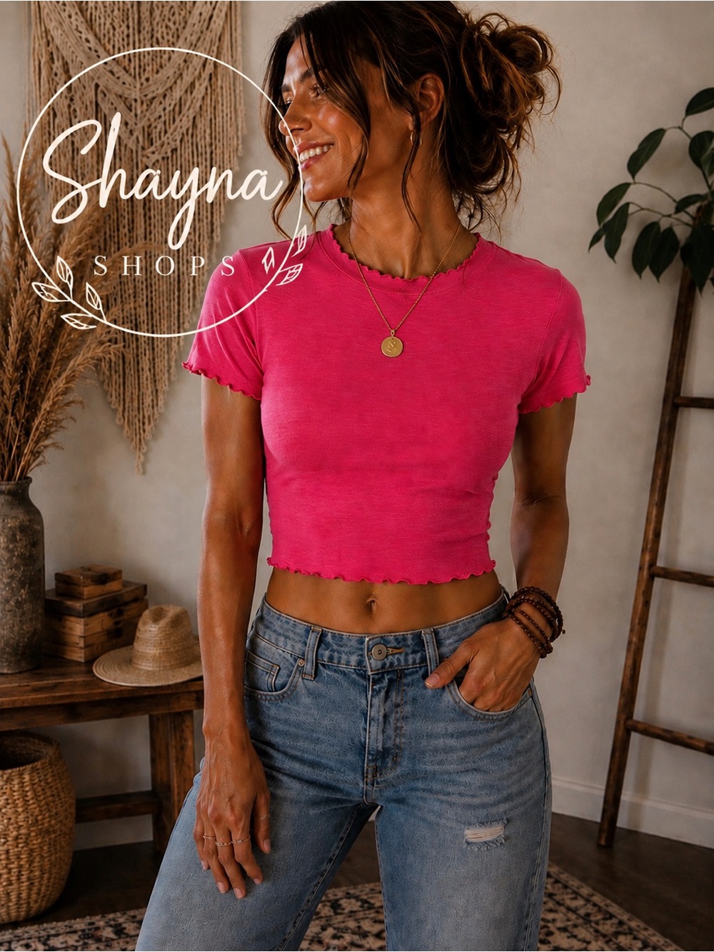 Zenana Hot Pink Lettuce-Edge Crop Tee